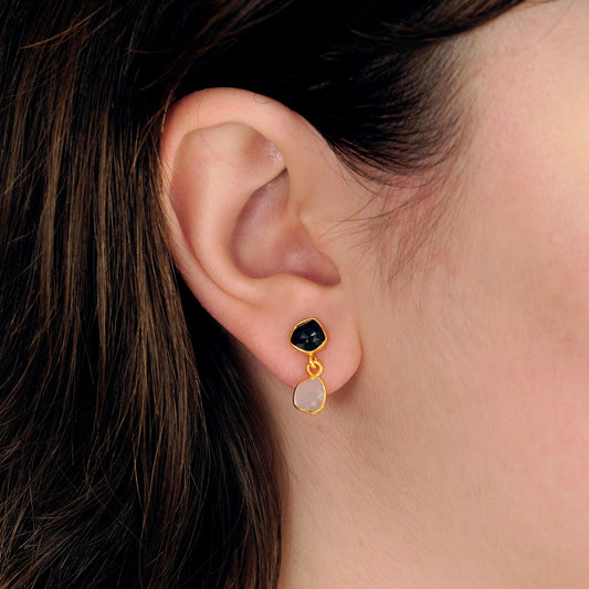 boucles d'oreilles en pierre noire et blanche, courtes
