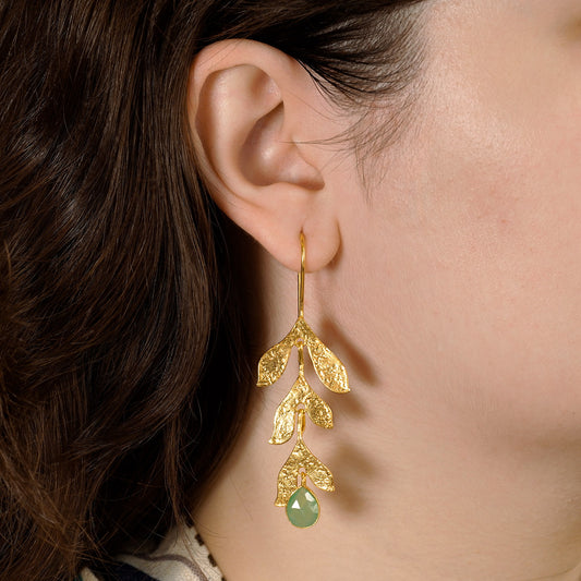 Boucles d'oreilles guirlande de feuilles avec pierre couleur aqua