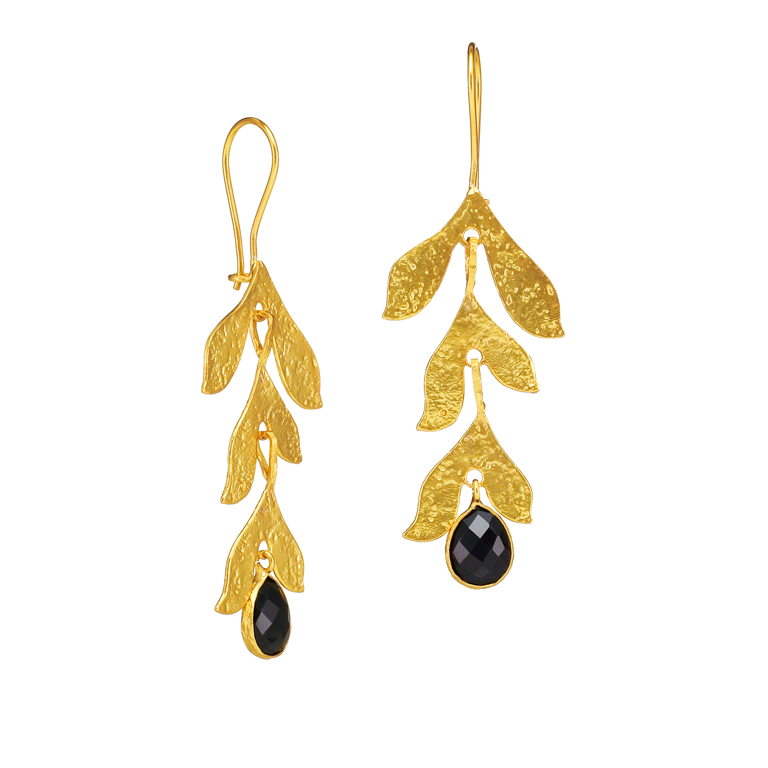 Boucles d'oreilles guirlande de feuilles avec pierre noire