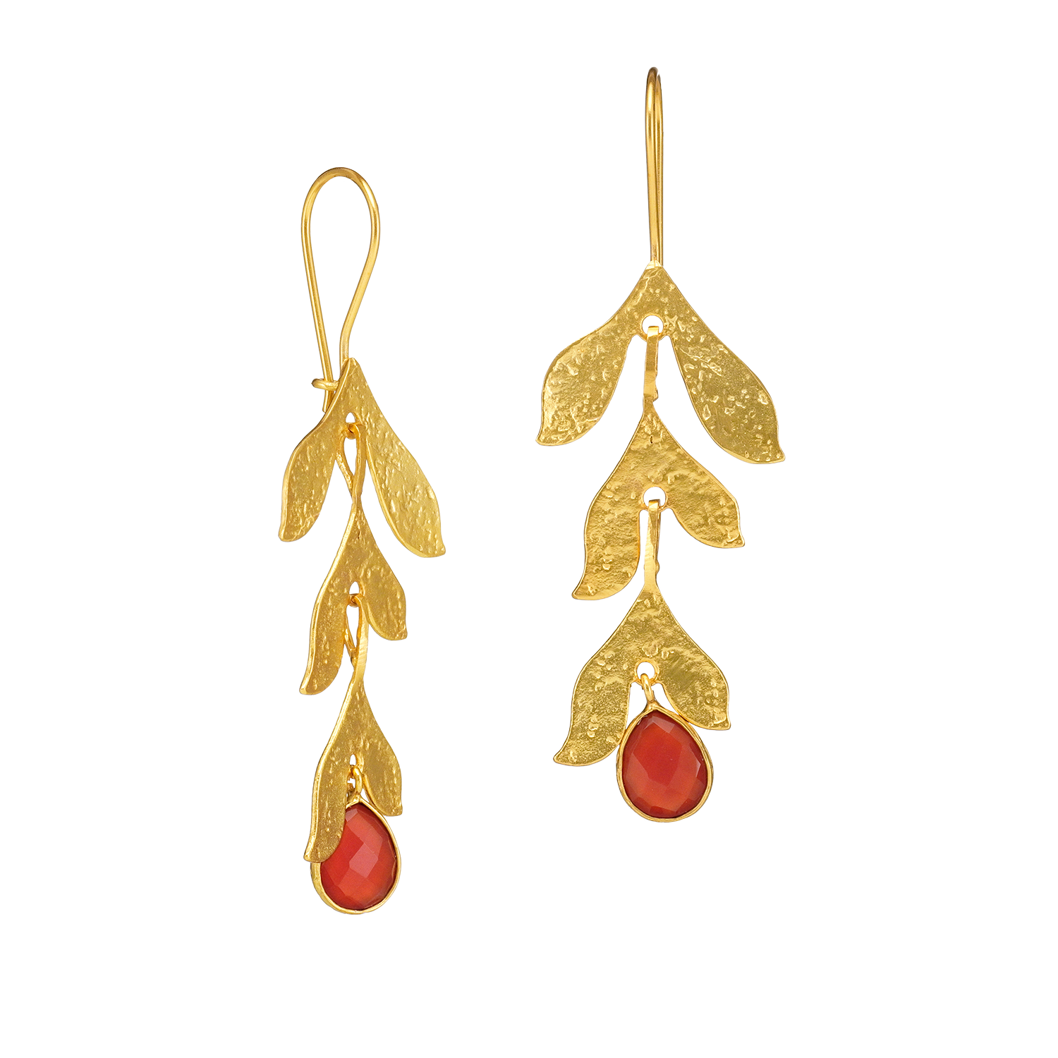 Boucles d'oreilles guirlande de feuilles avec pierre rouge orangé