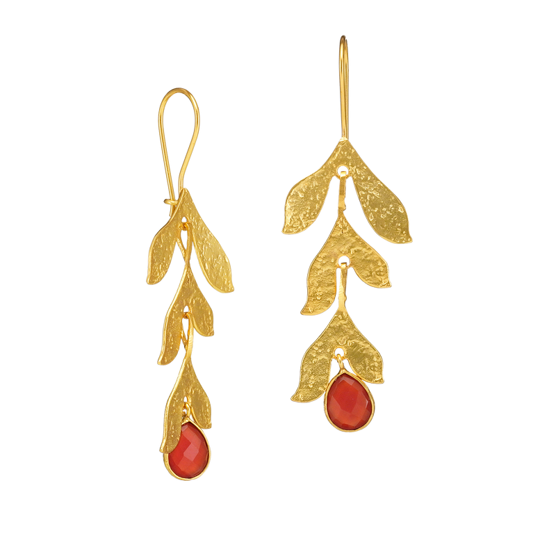 Leaf garland earrings with orange-red stone