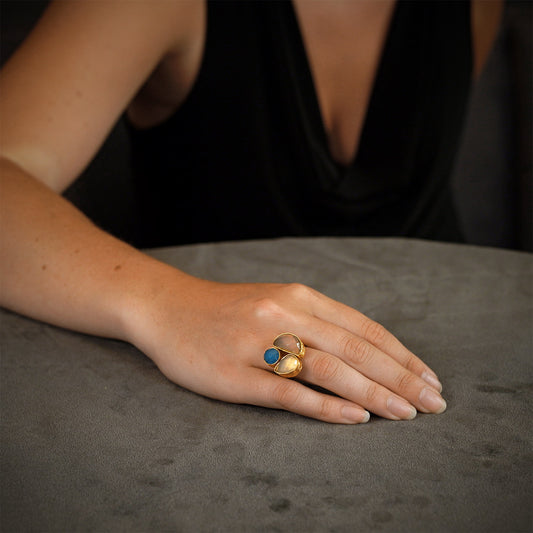 bague trois pierres bleu/gris/blanc